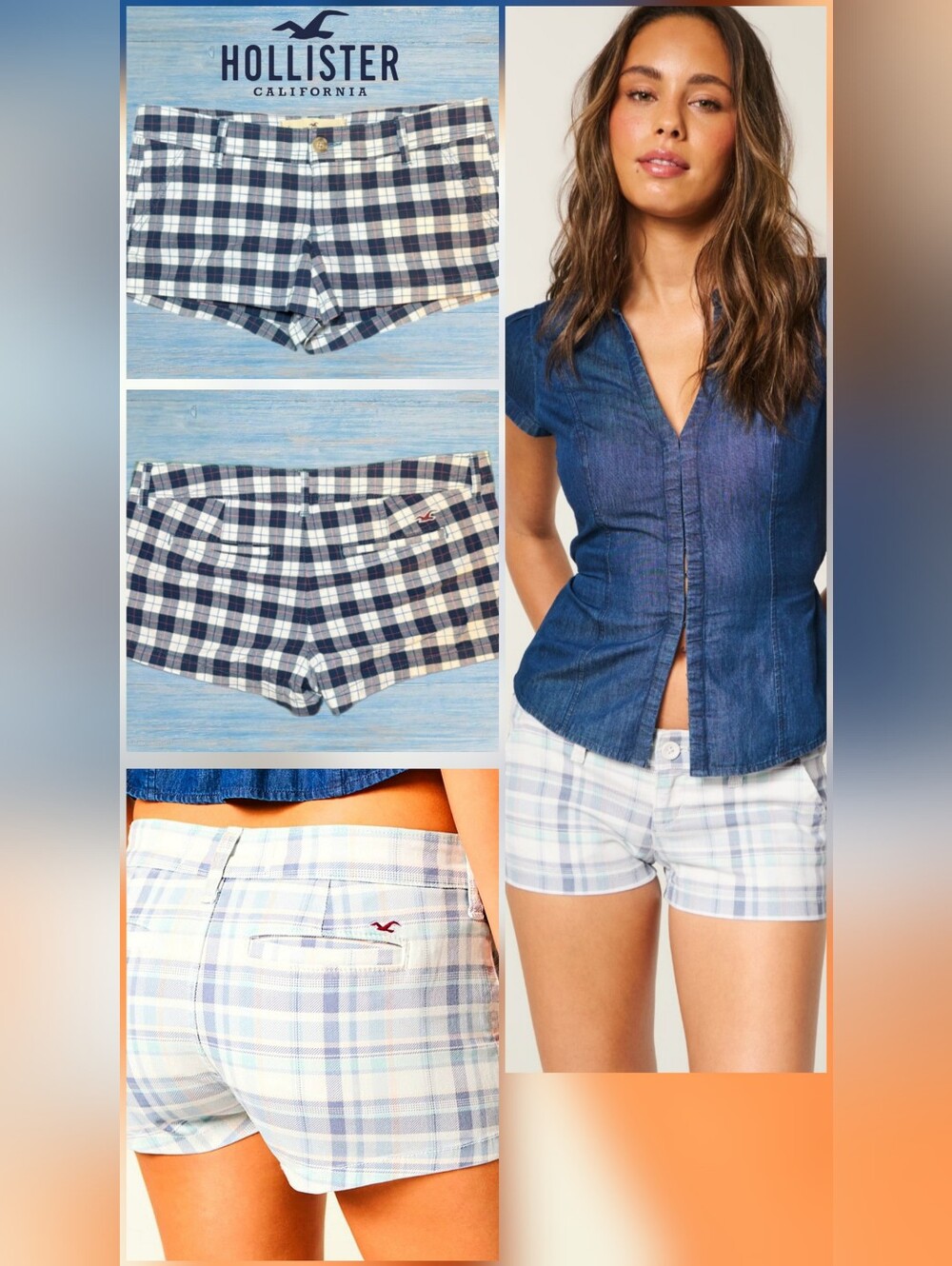 3 For $30😃 VintageHollister Ulta Low-Rise Chino Navy & White Plaid Short Shorts